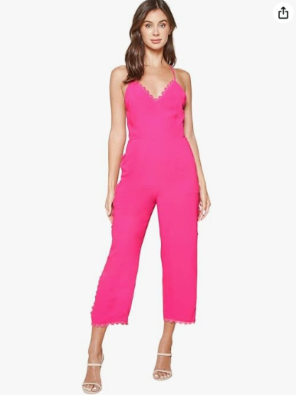 Sugar + Lips Scallop Lace Trim Jumpsuit w/ Pockets, Hot Pink - Size Small